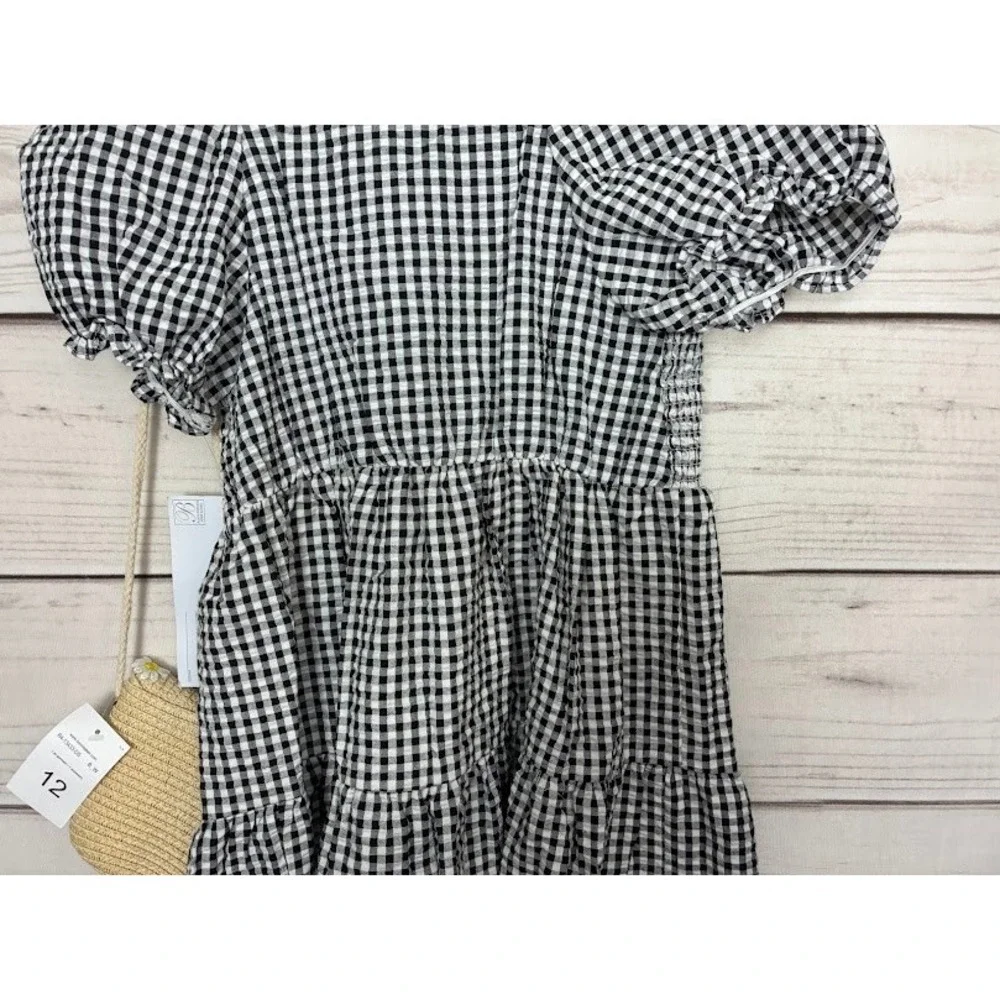 Bonnie Jean Girls Gingham Smocked Tiered Dress with Daisy Trim & Purse Size 12